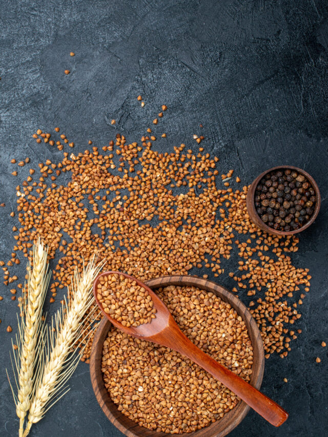 top-view-raw-buckwheat-fresh-ingredients-inside-brown-plate-grey-space